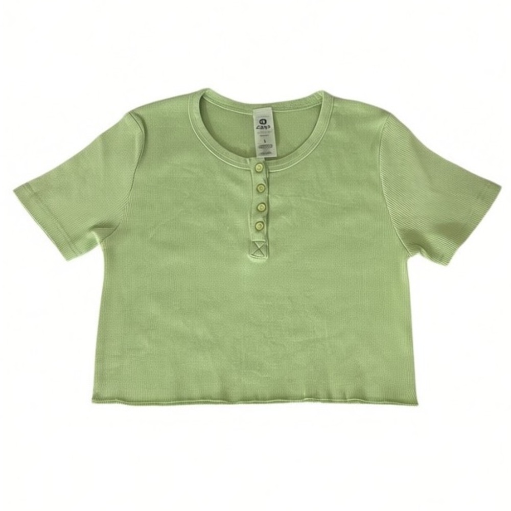 Mono B Lime Green Ribbed‎ Henley Crop Top - Size Large NWT